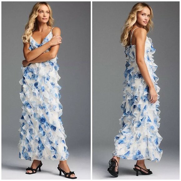 NWT BHLDN Anthropologie Jia Printed Bias-Cut Ruffled V-Neck Gown Blue $328 - Picture 1 of 12